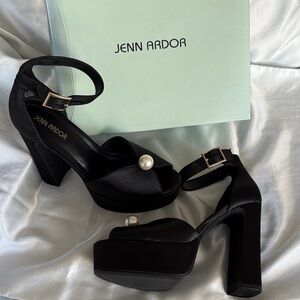 JENN ARDOR Black Satin Platform Heels with Pearl Accent